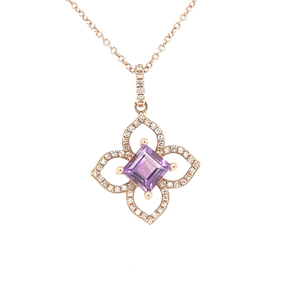 14K Rose Gold Amethyst and Diamond Flower Pendant Necklace - Jewelry Design Gallery of East Windsor