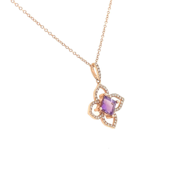 14K Rose Gold Amethyst and Diamond Flower Pendant Necklace - Jewelry Design Gallery of East Windsor