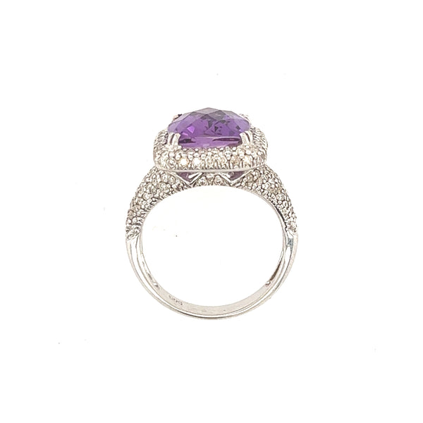 14K White Gold Amethyst Diamond Ring, Color Stone Statement Ring Size 6 1/2 US
