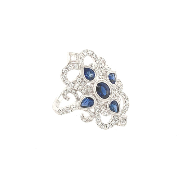 14K White Gold Art Deco Blue Sapphire and Diamond Ring - Jewelry Design Gallery of East Windsor