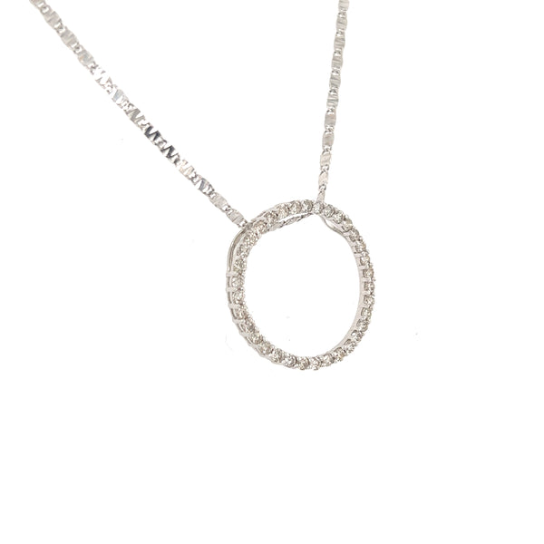 14K White Gold Circle Diamond Pendant Necklace Length 18"
