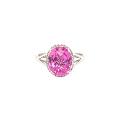 14K White gold Halo Diamond And Pink Corundum Ring Size 6 3/4 US