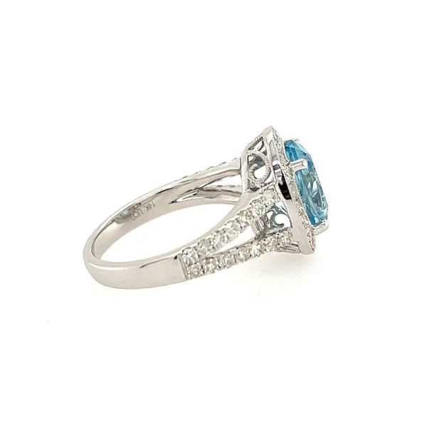14K White gold Halo Diamond And Blue Topaz Ring - Jewelry Design Gallery of East Windsor