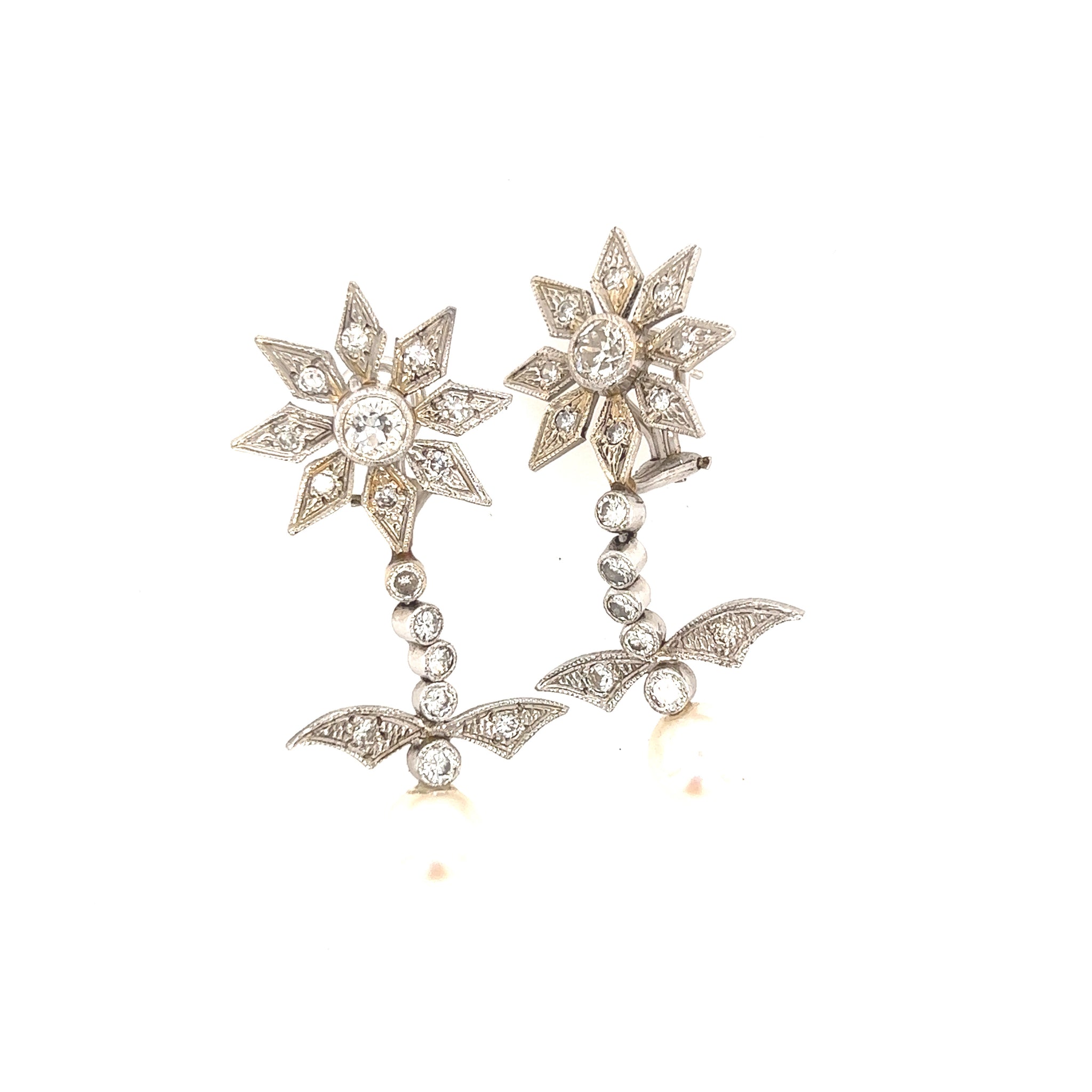 14K White Gold Diamond and Pearl Flower Drop Dangle Earrings