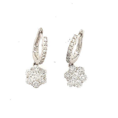 14K White Gold Flower Diamond 1.24-Carat Huggie Earrings