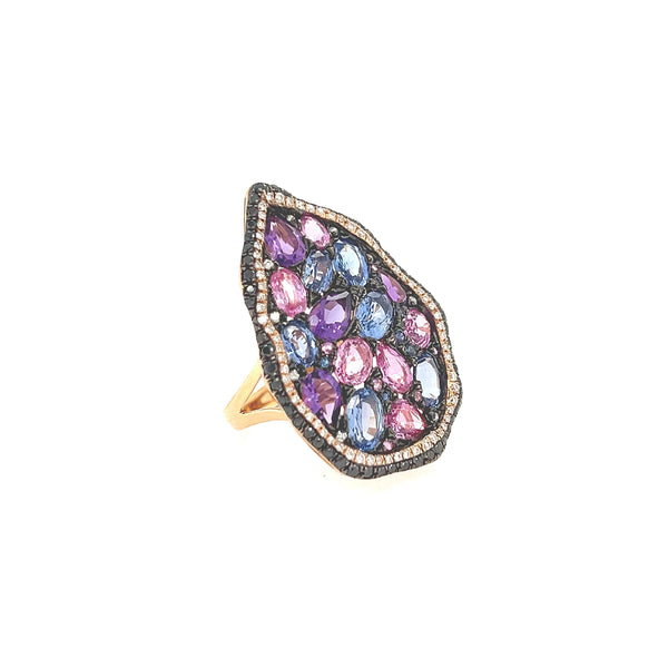 18K Rose Gold Rainbow Stone Cocktail Ring with Pink & Sapphire, Amethyst, and Diamonds - Jewelry Design Gallery of East Windsor