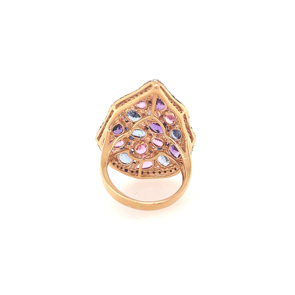 18K Rose Gold Rainbow Stone Cocktail Ring with Pink Sapphire, Blue Sapphire, Amethyst, and Diamonds in Pear Shape Setting