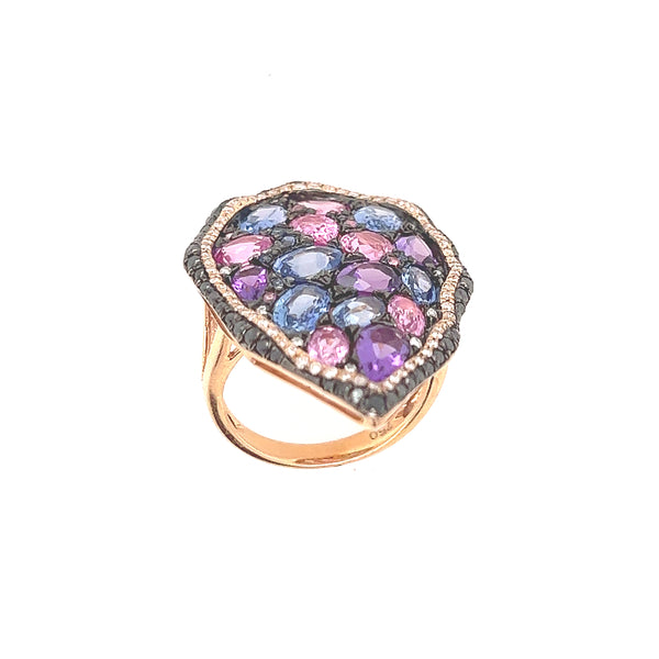 18K Rose Gold Rainbow Stone Cocktail Ring with Pink Sapphire, Blue Sapphire, Amethyst, and Diamonds in Pear Shape Setting