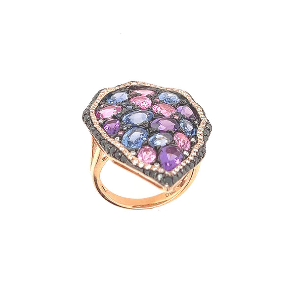 18K Rose Gold Rainbow Stone Cocktail Ring with Pink & Sapphire, Amethyst, and Diamonds - Jewelry Design Gallery of East Windsor