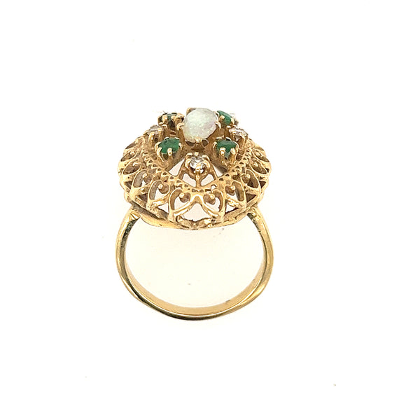 14K Yellow Gold Opal, Emerald, and Diamond Filigree Statement Ring Size 9 US