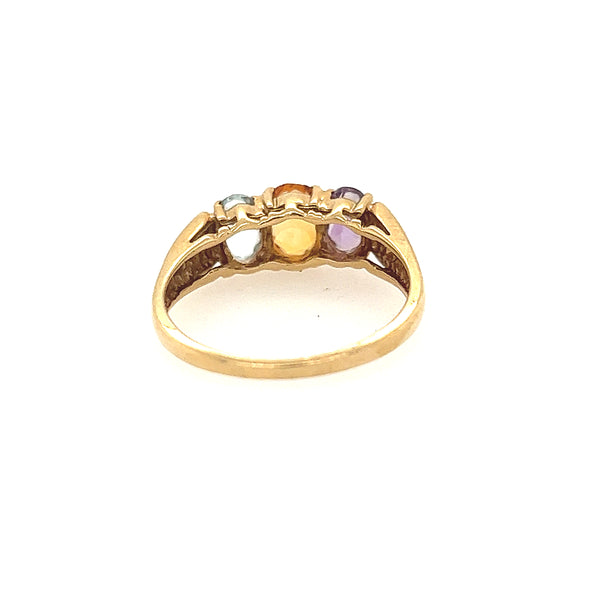 14K Yellow Gold Three Colored Stones; Blue Topaz, Citrine, Amethyst Ring Size 9 US