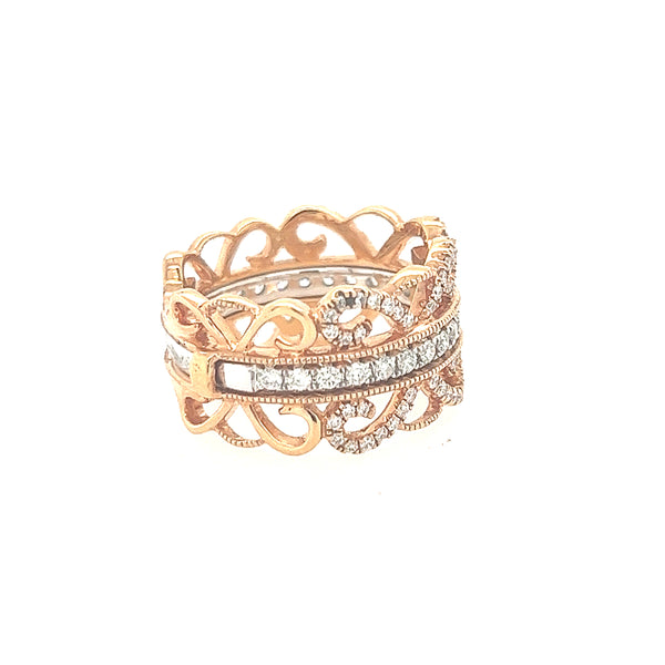 14K Two Tone Rose Gold and Approximate 0.74 Diamond Etruscan Statement Ring Size 6 US