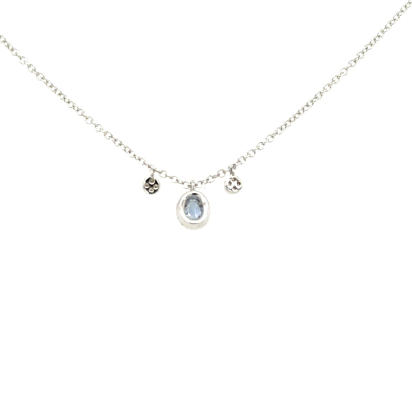 14K White Gold Dangle Tiny Diamond And Tanzanite Charm Necklace Length 18"