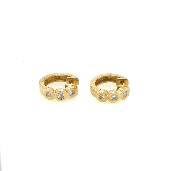 14K Yellow Gold Three Diamond Small Chunky Hoop Huggies Earrings