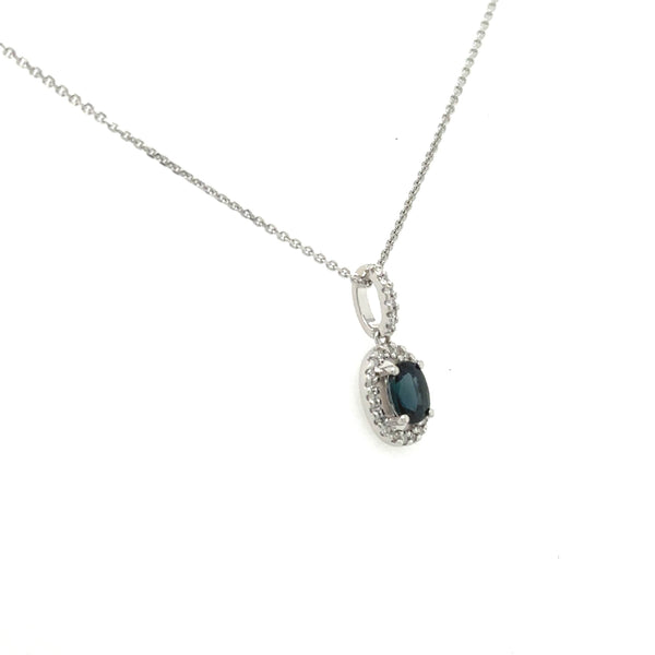 14K White Gold Dainty Blue Sapphire and Halo Diamond Necklace - Jewelry Design Gallery of East Windsor