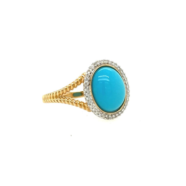 14K Solid Yellow Gold Oval Cabochon Turquoise and Diamond Cocktail Ring - Jewelry Design Gallery of East Windsor