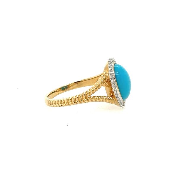 14K Solid Yellow Gold Oval Cabochon Turquoise and Diamond Cocktail Ring - Jewelry Design Gallery of East Windsor