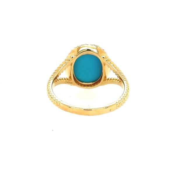 14K Solid Yellow Gold Oval Cabochon Turquoise and Diamond Cocktail Ring - Jewelry Design Gallery of East Windsor