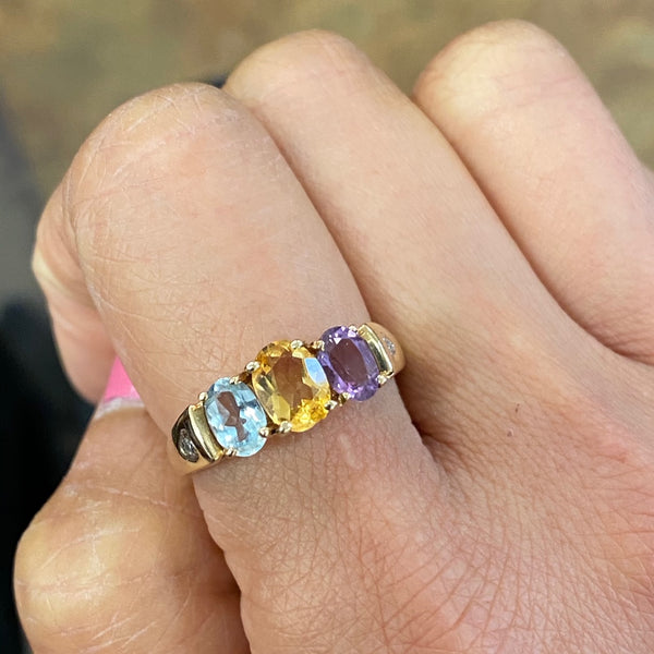 14K Yellow Gold Three Colored Stones; Blue Topaz, Citrine, Amethyst Ring Size 9 US