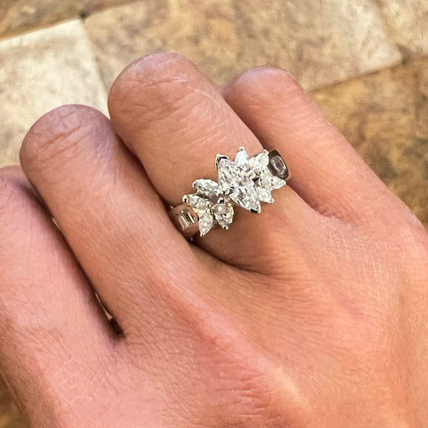 14K White Gold Marquise Diamond Engagement Ring, Halo Wedding Ring Size 5 US