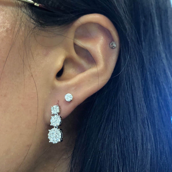 14K White Gold Trio Dangling Round Clustered Diamond Earrings - Jewelry Design Gallery of East Windsor