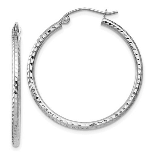 14k White Gold Diamond-cut 2mm Round Tube Hoop Earrings - Jewelry Design Gallery of East Windsor