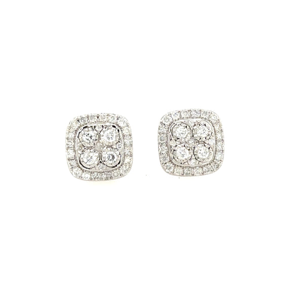 14K White Gold Cushion Cluster Stud earrings With 1.16 Carat Total Diamond Weight