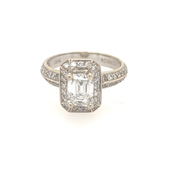 1.5 Carat Emerald Cut Diamond Halo Engagement Ring in 18K White Gold Size  6 1/2