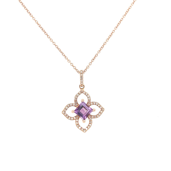 14K Rose Gold Amethyst and Diamond Flower Pendant Necklace Length 16"