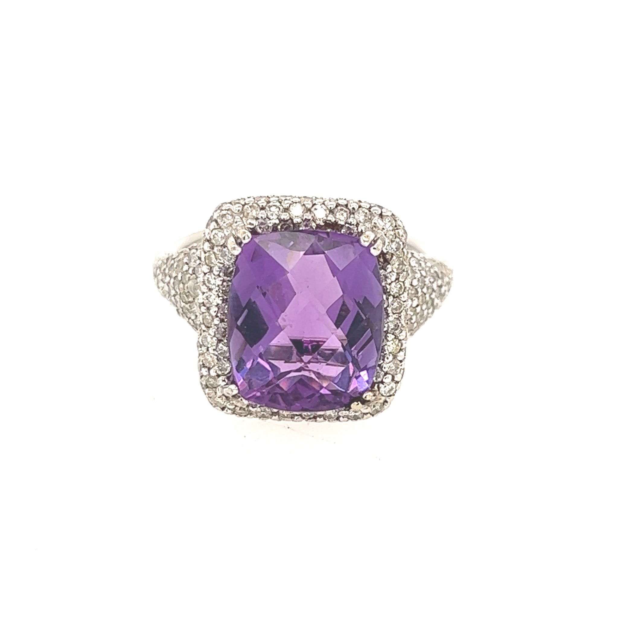 14K White Gold Amethyst Diamond Ring, Color Stone Statement Ring Size 6 1/2 US