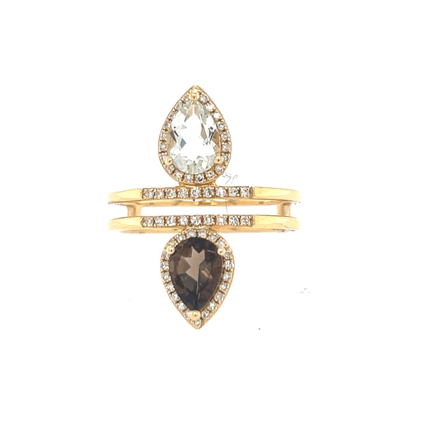 14K Yellow Gold Smokey Topaz, Green Amethyst And Diamond Ring Size 6 1/4 US