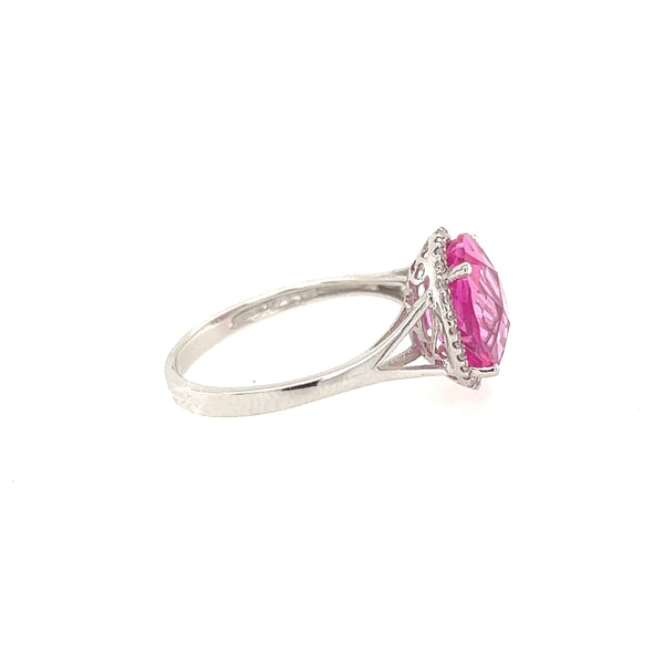 14K White gold Halo Diamond And Pink Corundum Ring Size 6 3/4 US