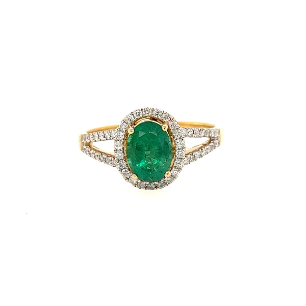 14K Yellow Gold Emerald and Diamond Halo Engagement Ring Size 8 US