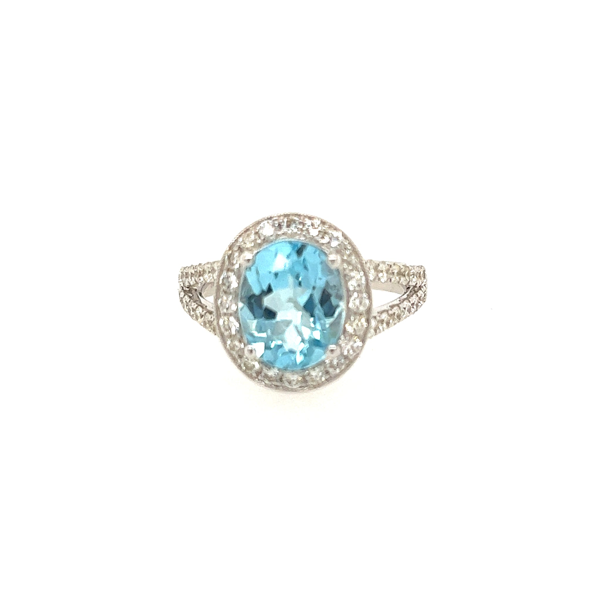 14K White gold Halo Diamond And Blue Topaz Ring Size 7 US