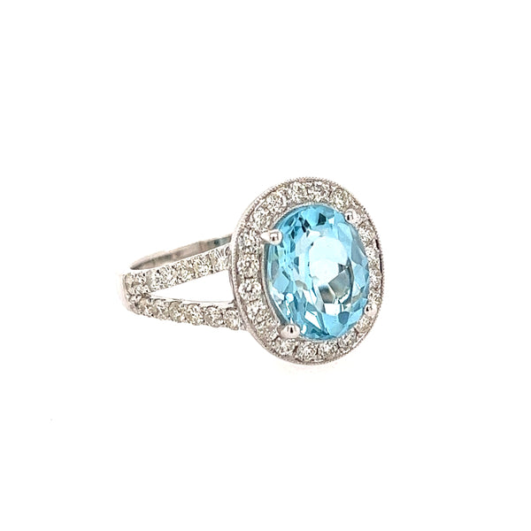 14K White gold Halo Diamond And Blue Topaz Ring Size 7 US