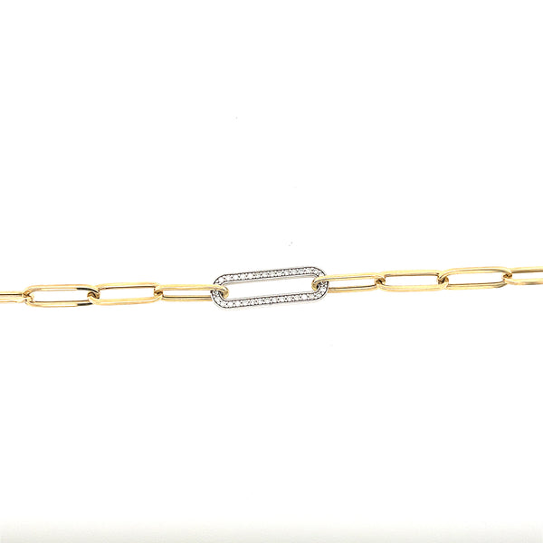 14K Yellow Gold Two Tone Diamond Paper Clip Bracelet Length 8"