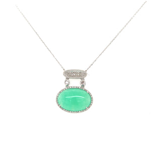14K White Gold Green Chrysoprase and Diamond Pendant Necklace 18"