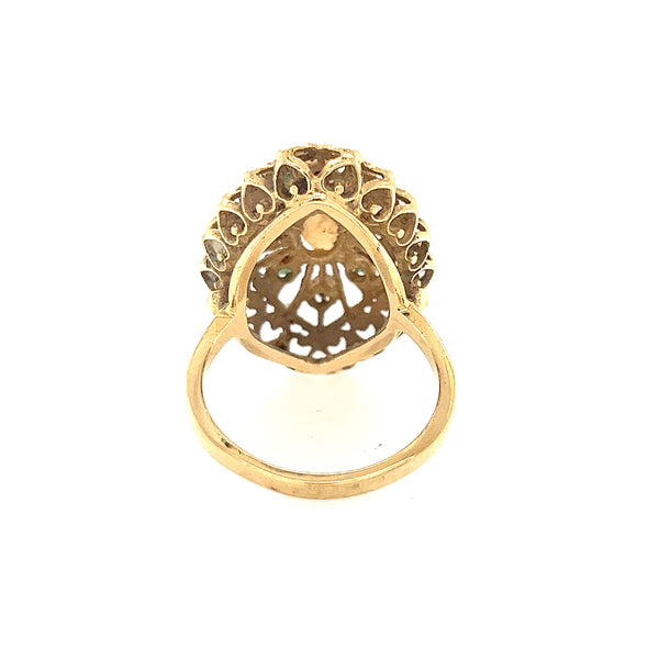 14K Yellow Gold Opal, Emerald, and Diamond Filigree Statement Ring Size 9 US