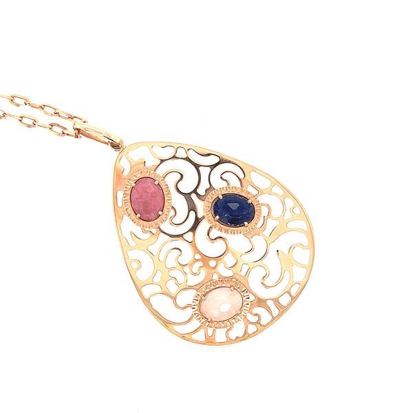 16" 14K Rose Gold Sapphire, Ruby And Topaz Pendant On An Open Link Cable Chain