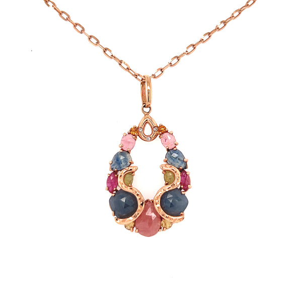 17" 14K Rose Gold Sapphire Pendant Necklace With Diamond