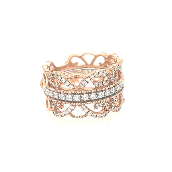 14K Two Tone Rose Gold and Approximate 0.74 Diamond Etruscan Statement Ring Size 6 US