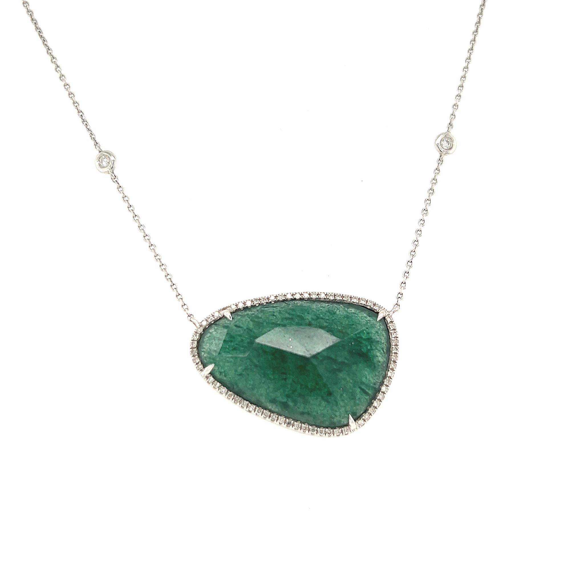 18" 14K White Gold Jade And Diamond Pendant Necklace