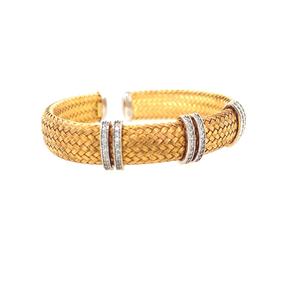 Sterling Silver Weaving Style Oval Bangle With CZ And Gold Plate