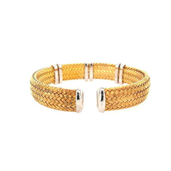 Sterling Silver Weaving Style Oval Bangle With CZ And Gold Plate