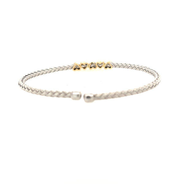 Two Tone Sterling Silver Weaving Style Oval Bangle With Heart Charms And CZ