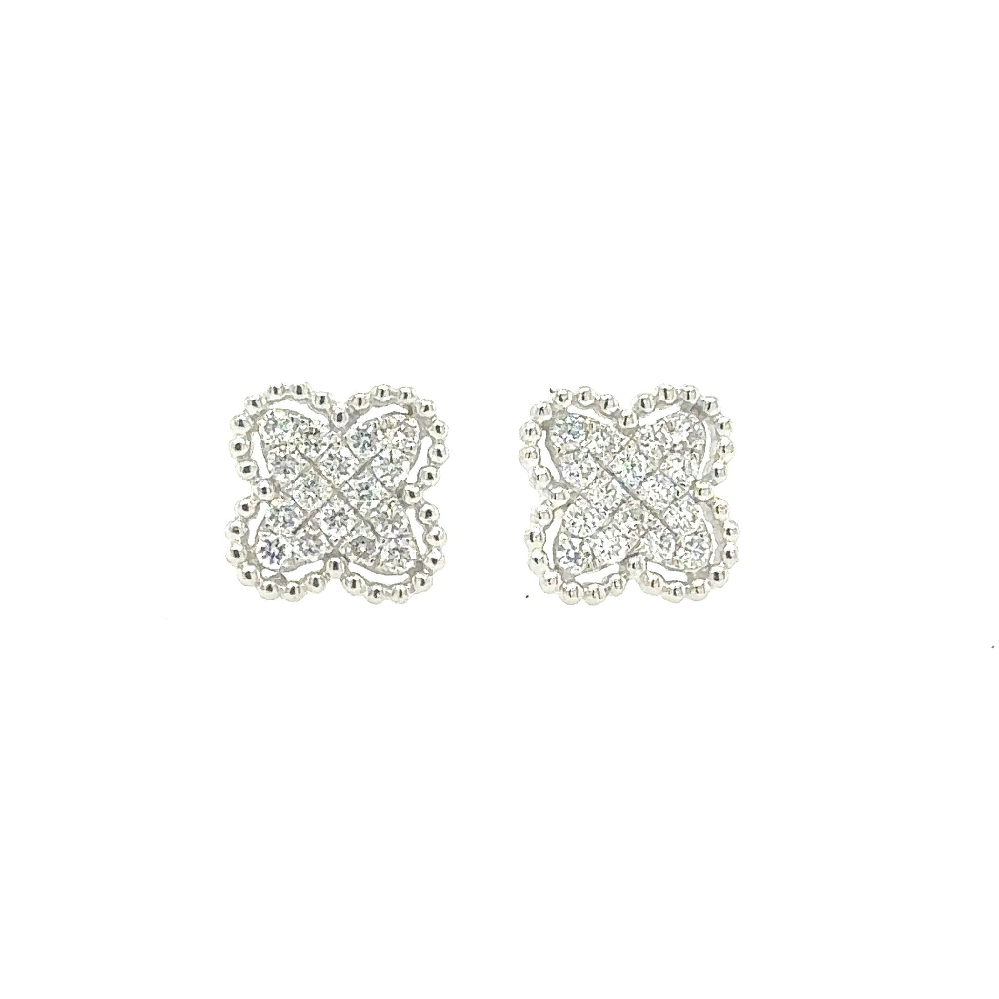14K White Gold 0.28 Carat of Diamond Clustered Clover Stud Earrings