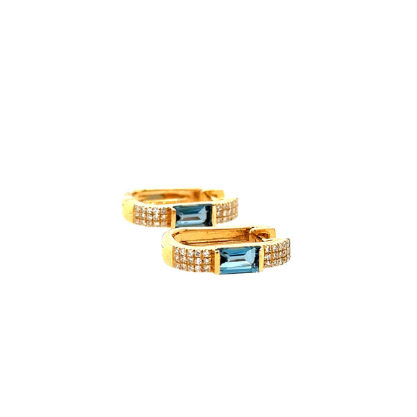 14K Yellow Gold Diamond and London Blue Topaz U-Shape Hoop Earrings