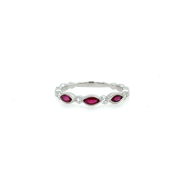 14K White Gold Diamond TWT 0.16-Carat Round and Ruby 0.16-Carat Marquise Delicate Stacking Ring Size 6 US