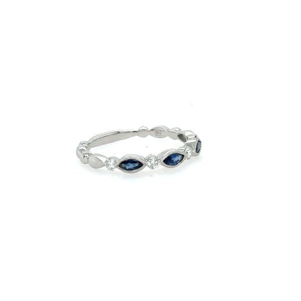 14K White Gold Diamond TWT 0.16-Carat Round and Blue Sapphire 0.16-Carat Marquise Delicate Stacking Ring Size 6 US