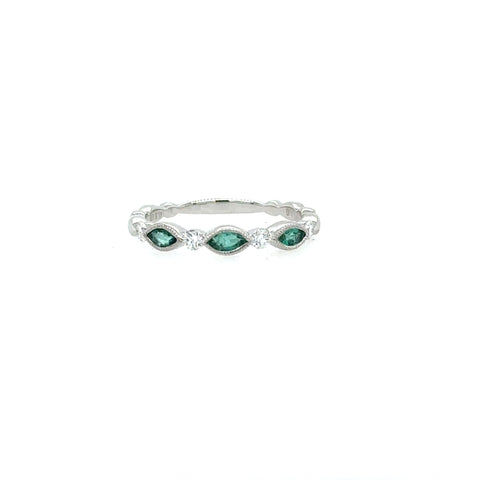 14K White Gold Diamond TWT 0.16-Carat Round and Emerald 0.16-Carat Marquise Delicate Stacking Ring Size 6 US